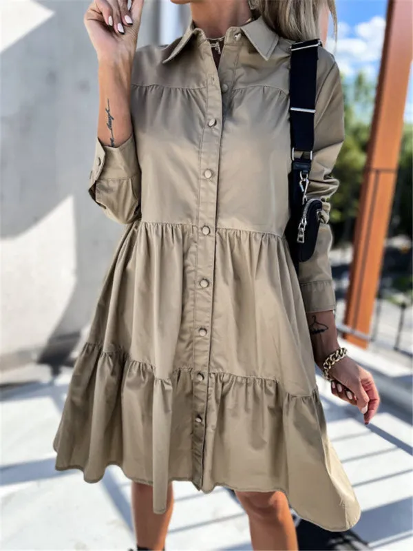 Loose Fit Shirt Midi Dress with Button-Down Front and Tiered Design