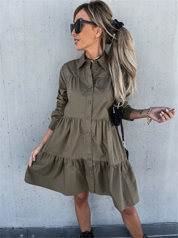 Loose Fit Shirt Midi Dress with Button-Down Front and Tiered Design