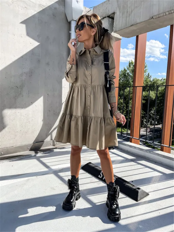 Loose Fit Shirt Midi Dress with Button-Down Front and Tiered Design