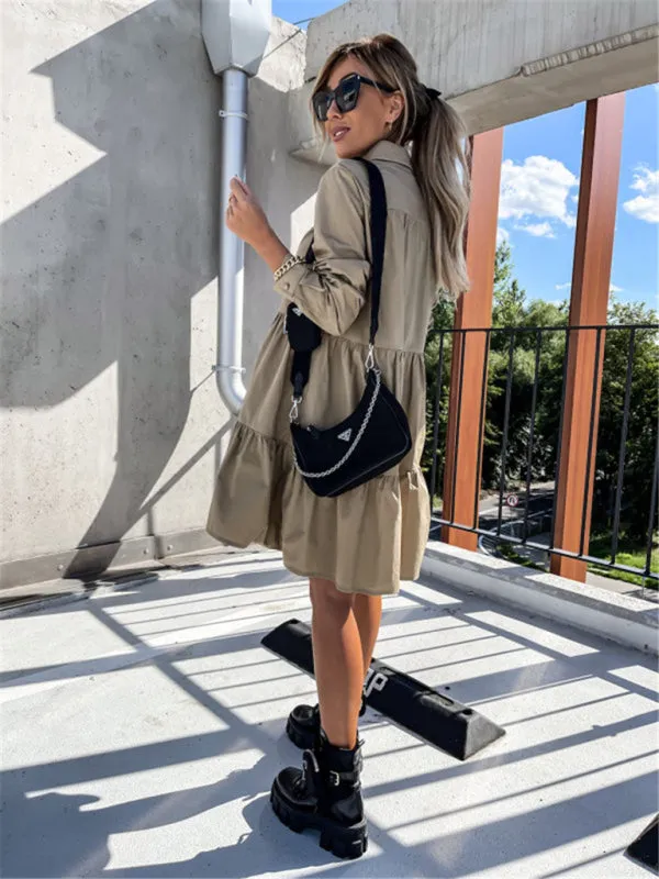 Loose Fit Shirt Midi Dress with Button-Down Front and Tiered Design