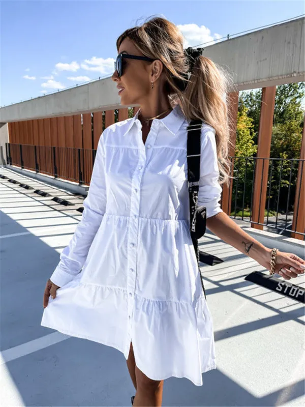 Loose Fit Shirt Midi Dress with Button-Down Front and Tiered Design