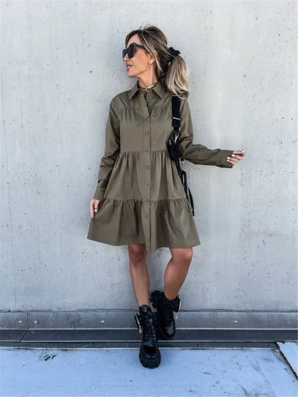 Loose Fit Shirt Midi Dress with Button-Down Front and Tiered Design