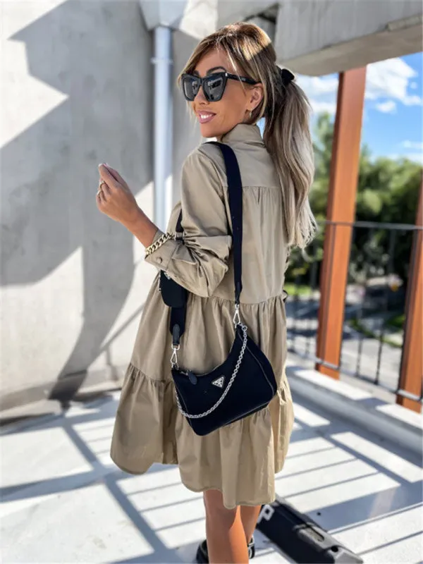 Loose Fit Shirt Midi Dress with Button-Down Front and Tiered Design