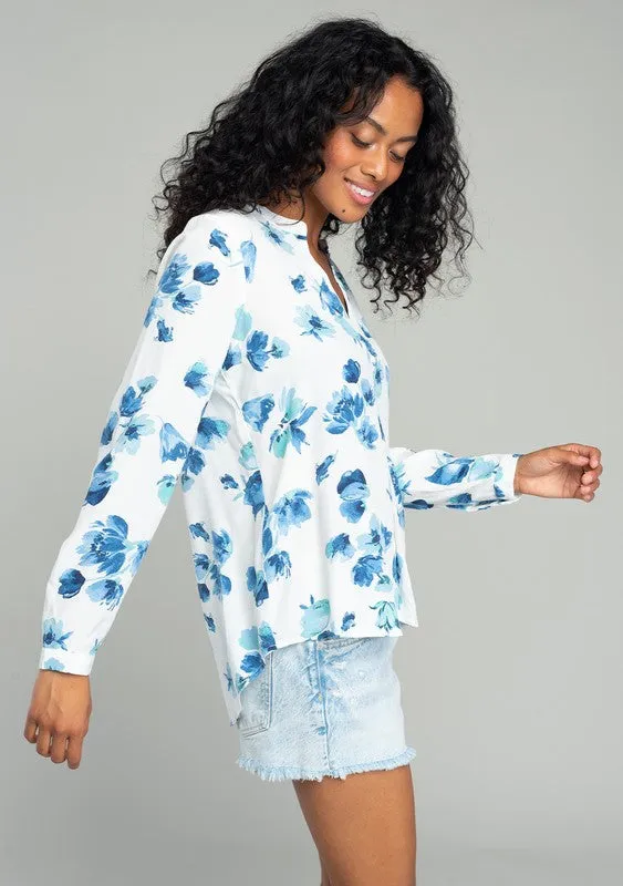 Lovestich Floral Split Neck High-Low Blouse