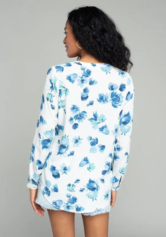 Lovestich Floral Split Neck High-Low Blouse