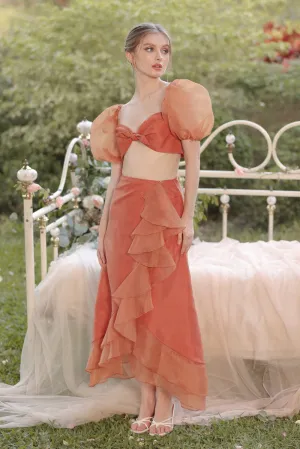 LUPE SET Crop Top with Wrap Ruffled Skirt (Rust Matte Organdy)