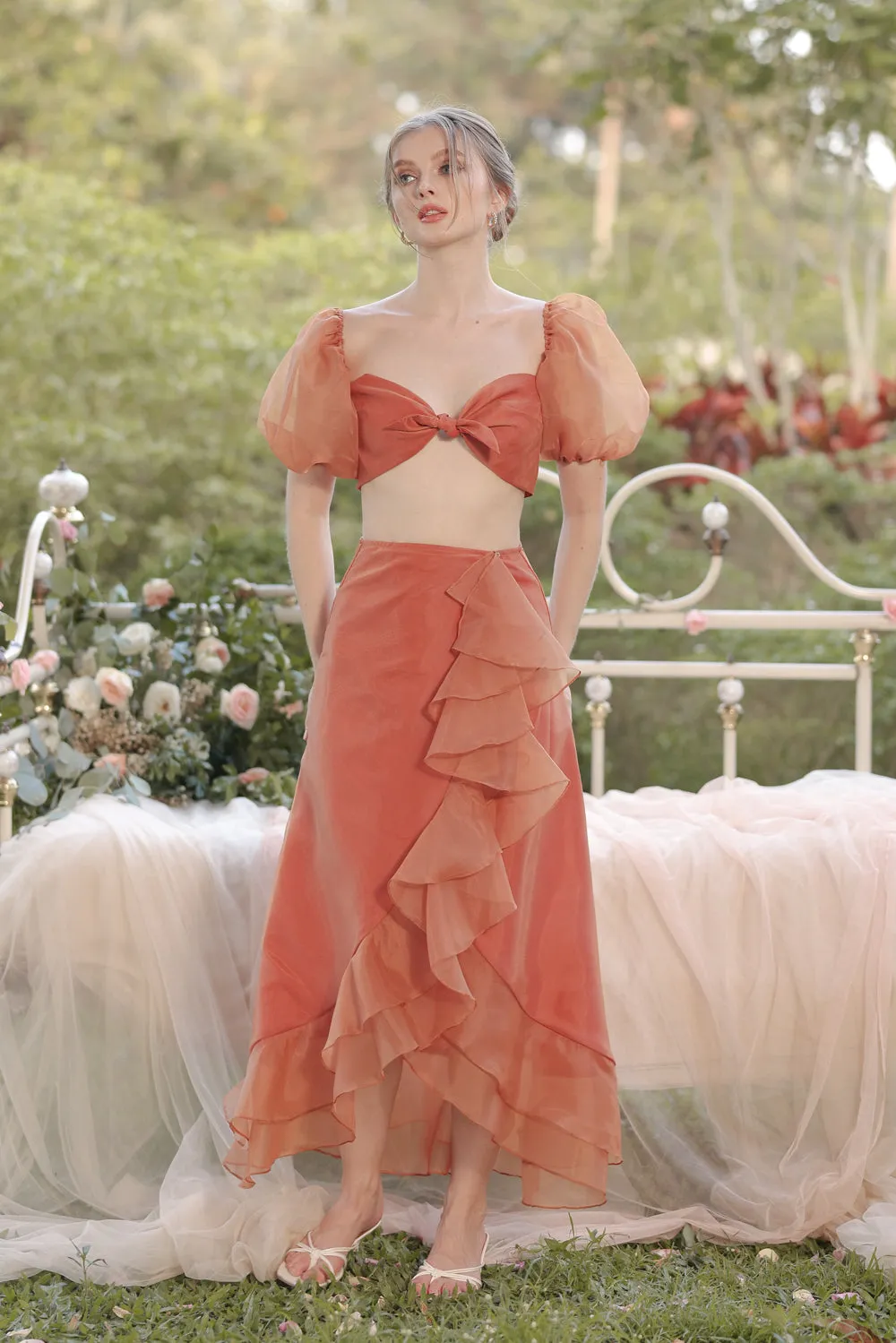 LUPE SET Crop Top with Wrap Ruffled Skirt (Rust Matte Organdy)