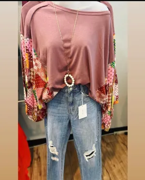 Mauve Multi-Pattern Sleeve Top