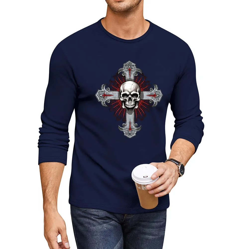 Men's Gothic Skull Cross CrewNeck Long Sleeve T-shirt