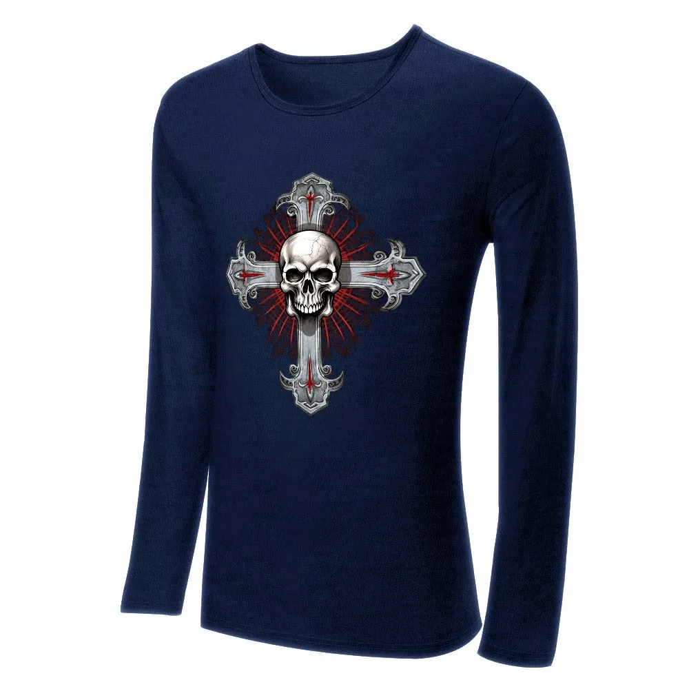 Men's Gothic Skull Cross CrewNeck Long Sleeve T-shirt