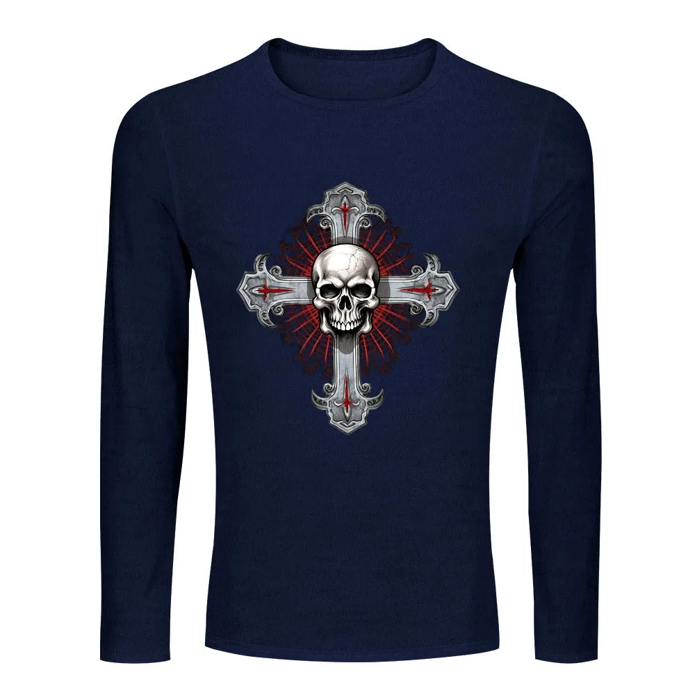 Men's Gothic Skull Cross CrewNeck Long Sleeve T-shirt
