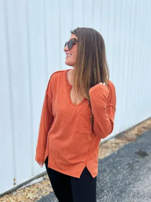 Mineral Washed Ribbed Long Sleeve Pocket Top - Rust