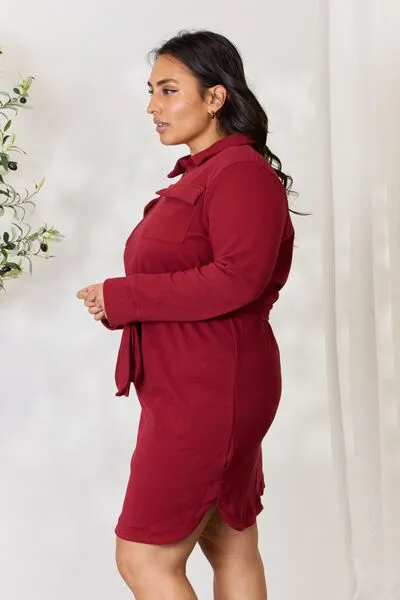 Miri Full Size Tie Front Half Zip Long Sleeve Shirt Dress