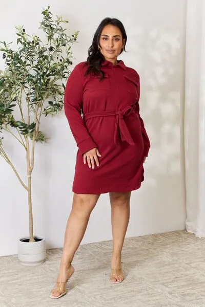 Miri Full Size Tie Front Half Zip Long Sleeve Shirt Dress