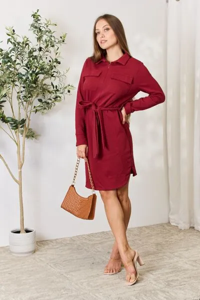 Miri Full Size Tie Front Half Zip Long Sleeve Shirt Dress