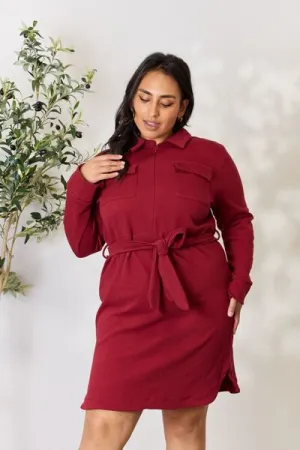 Miri Full Size Tie Front Half Zip Long Sleeve Shirt Dress