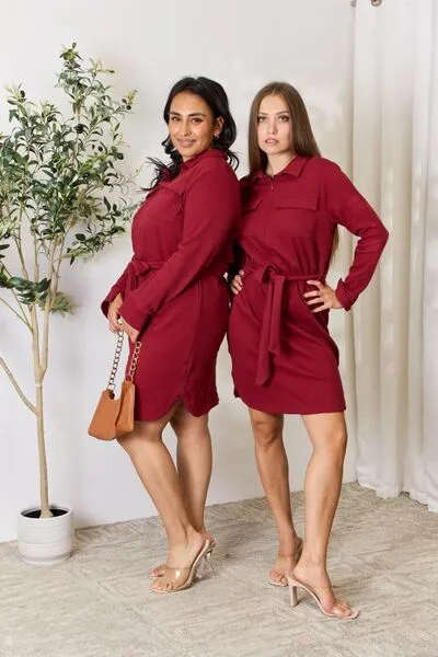 Miri Full Size Tie Front Half Zip Long Sleeve Shirt Dress