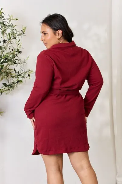 Miri Full Size Tie Front Half Zip Long Sleeve Shirt Dress