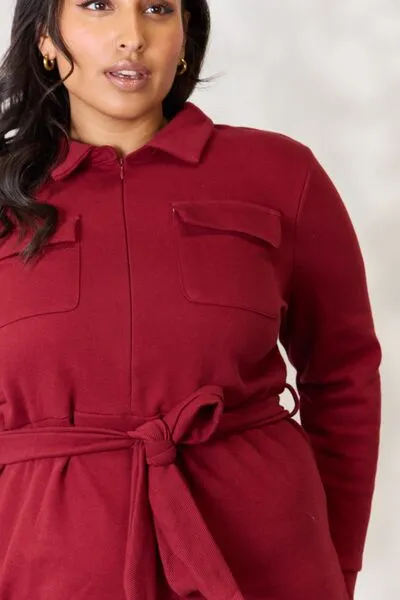 Miri Full Size Tie Front Half Zip Long Sleeve Shirt Dress
