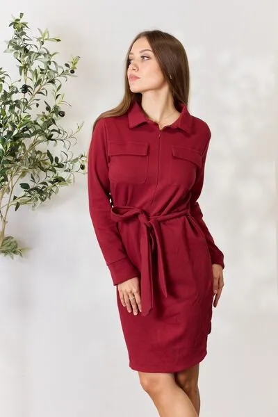 Miri Full Size Tie Front Half Zip Long Sleeve Shirt Dress