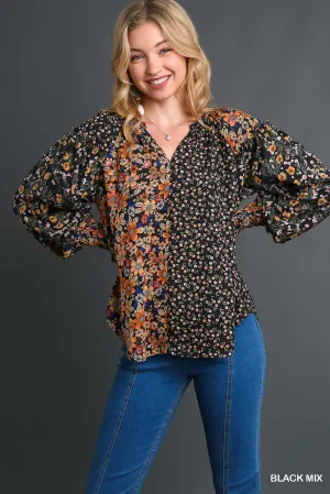 Mixed Flower Print Split Neck Top and High Low Hem
