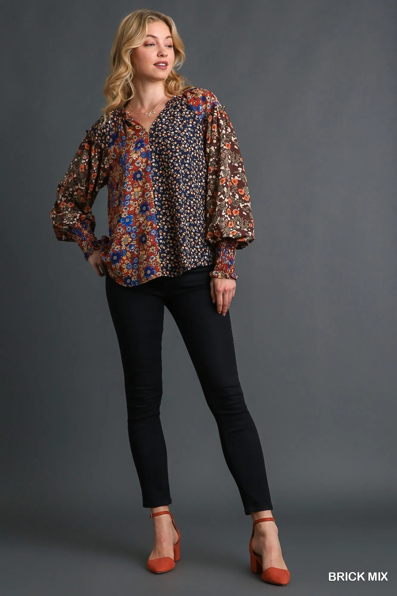 Mixed Flower Print Split Neck Top and High Low Hem