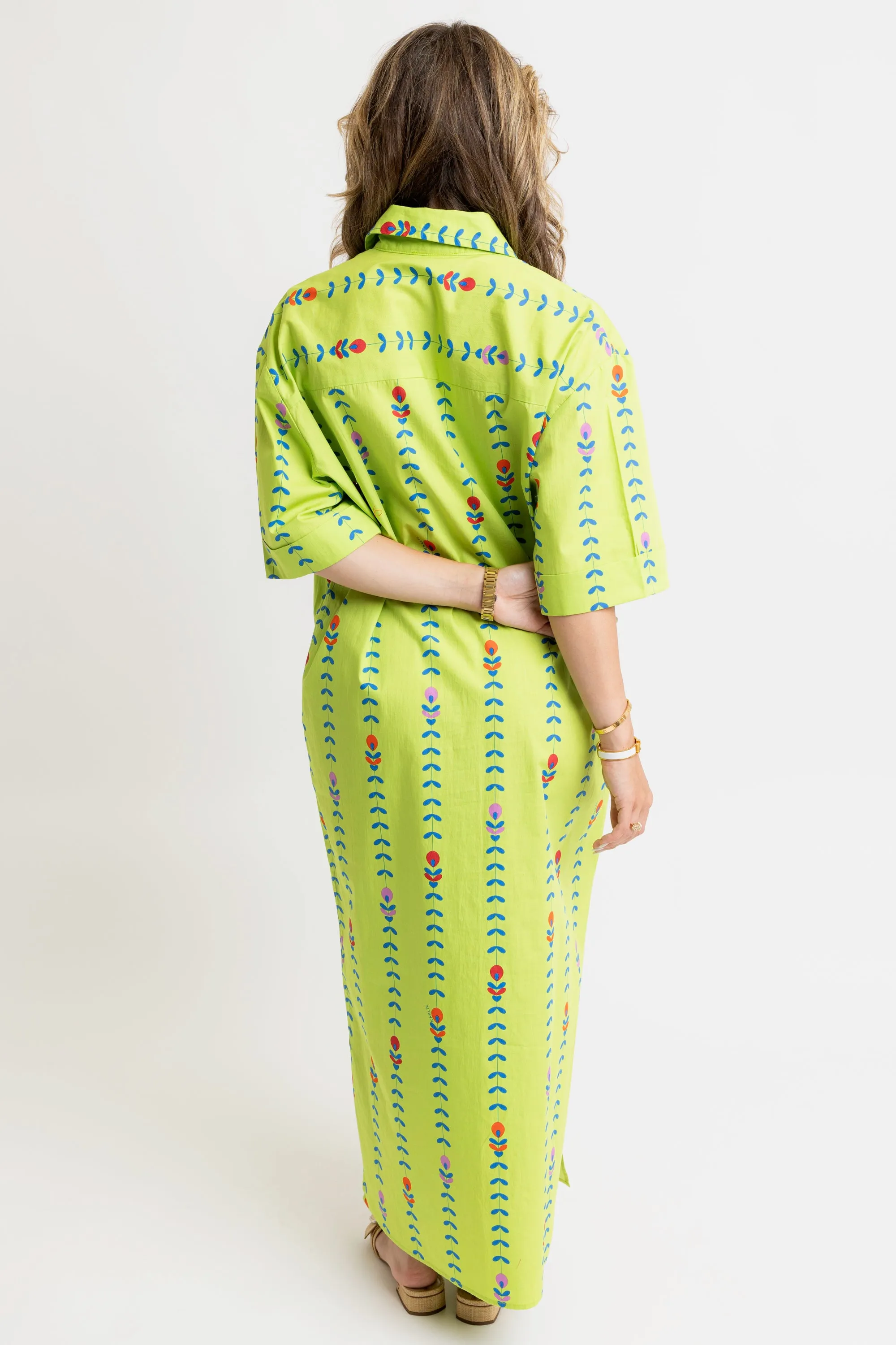 Mod Floral Vine Maxi Shirt Dress - Lime