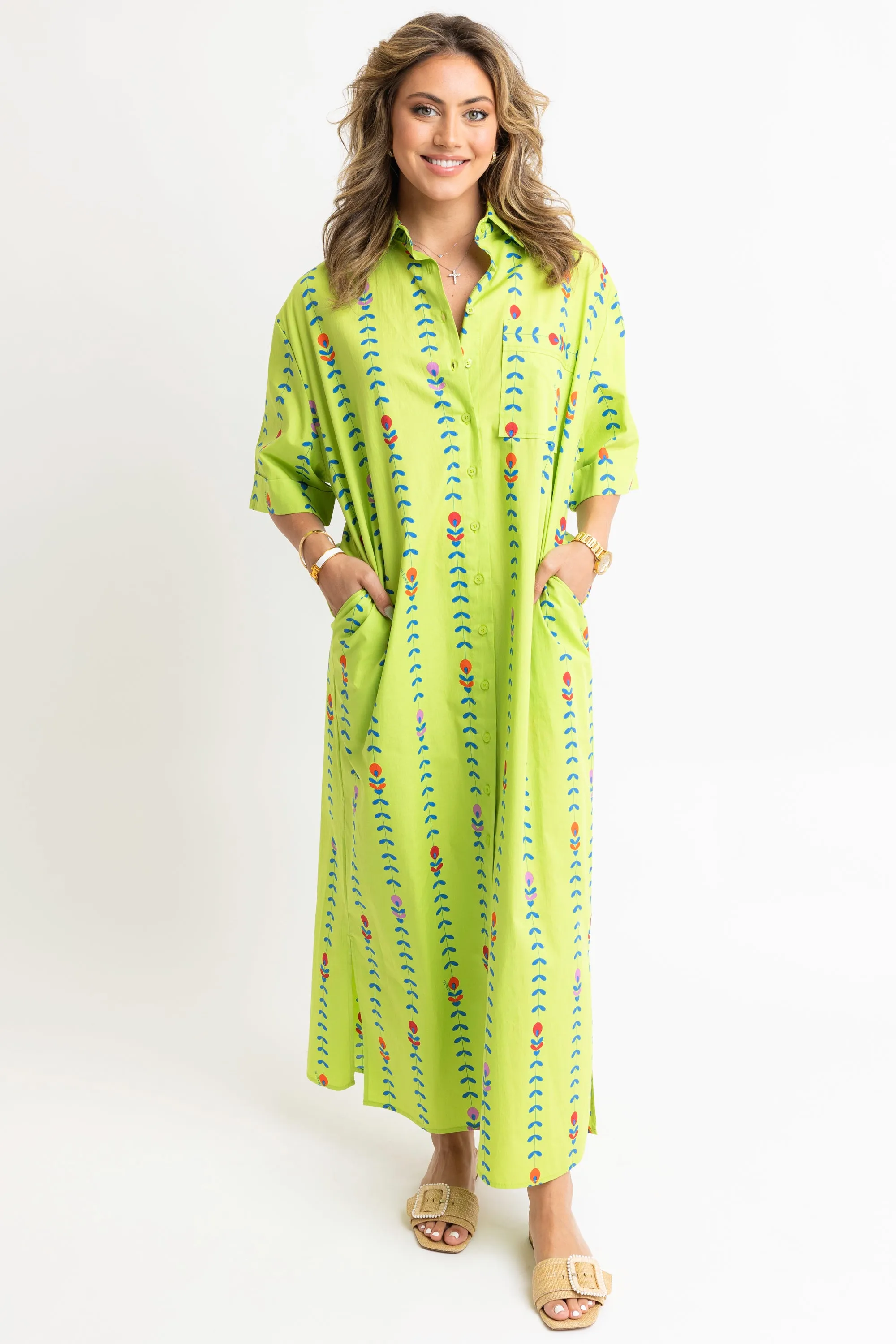 Mod Floral Vine Maxi Shirt Dress - Lime