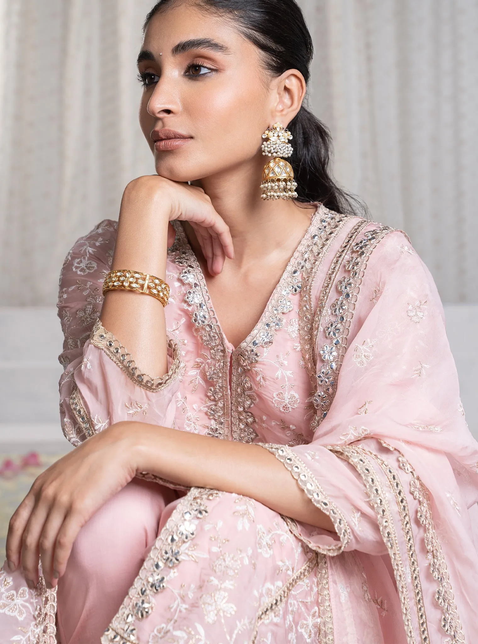 Mulmul Organza Sawariya Pink Kurta With  Mulmul Pima Sawariya Pink Pant