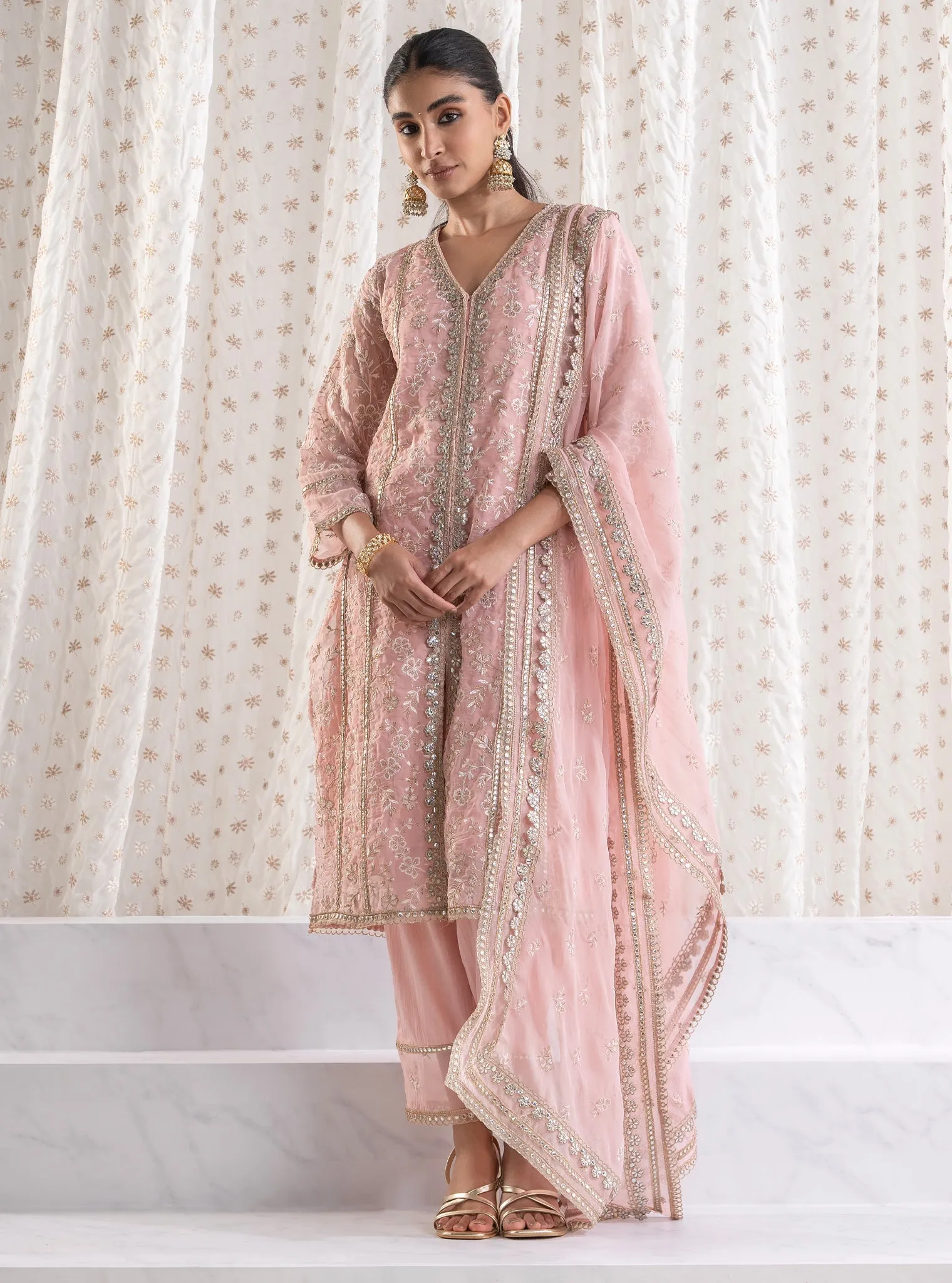 Mulmul Organza Sawariya Pink Kurta With  Mulmul Pima Sawariya Pink Pant