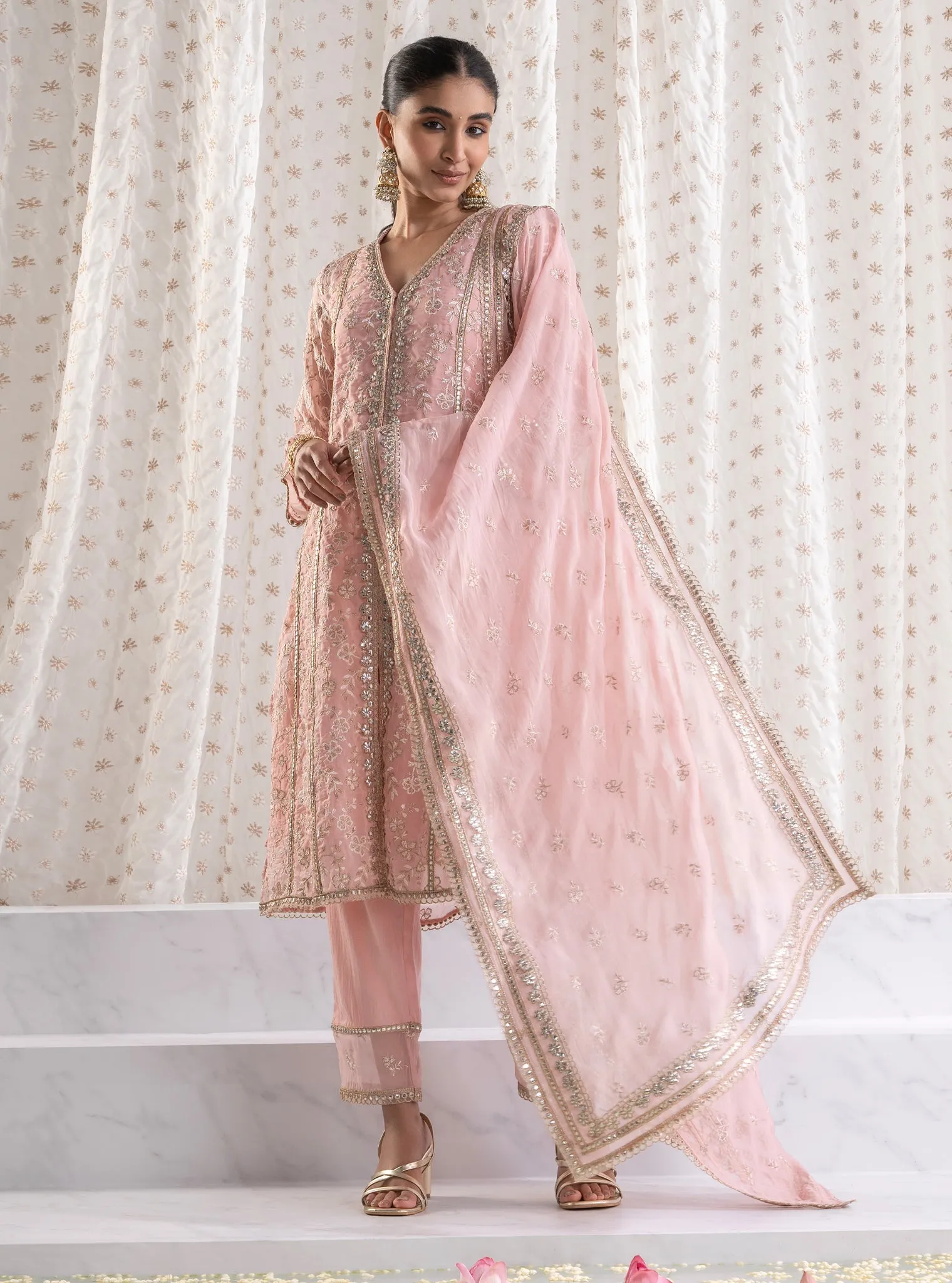 Mulmul Organza Sawariya Pink Kurta With  Mulmul Pima Sawariya Pink Pant