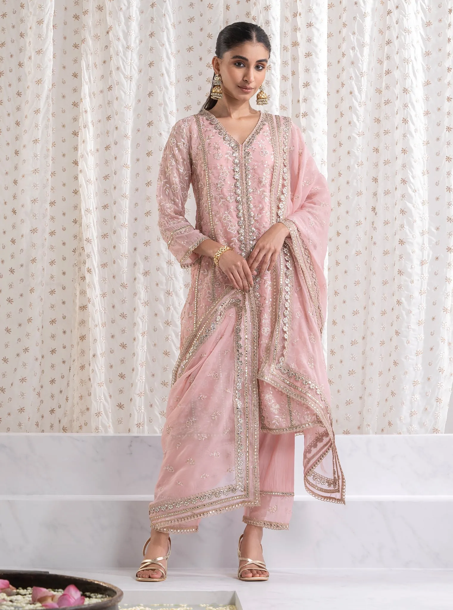 Mulmul Organza Sawariya Pink Kurta With  Mulmul Pima Sawariya Pink Pant