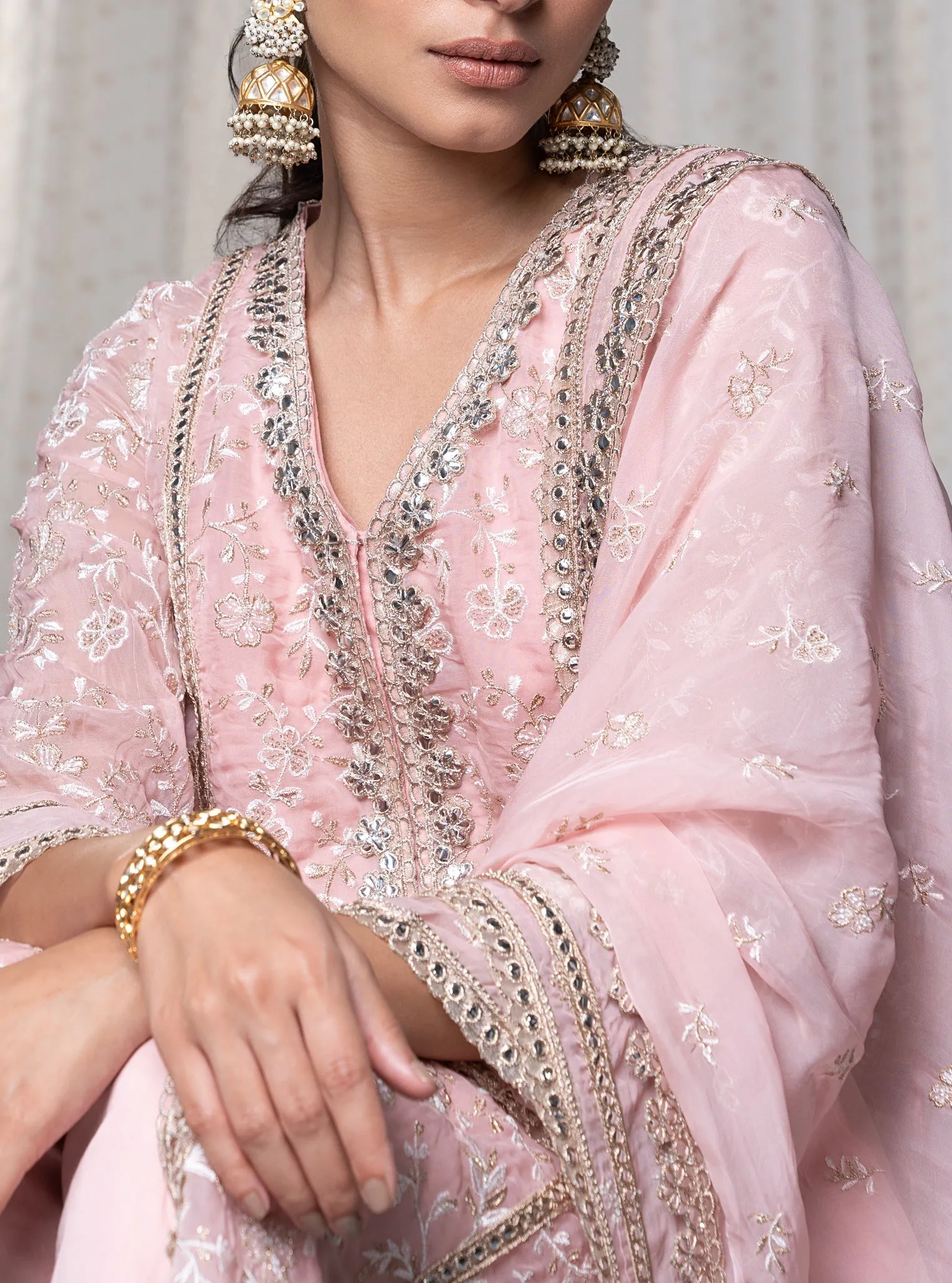 Mulmul Organza Sawariya Pink Kurta With  Mulmul Pima Sawariya Pink Pant