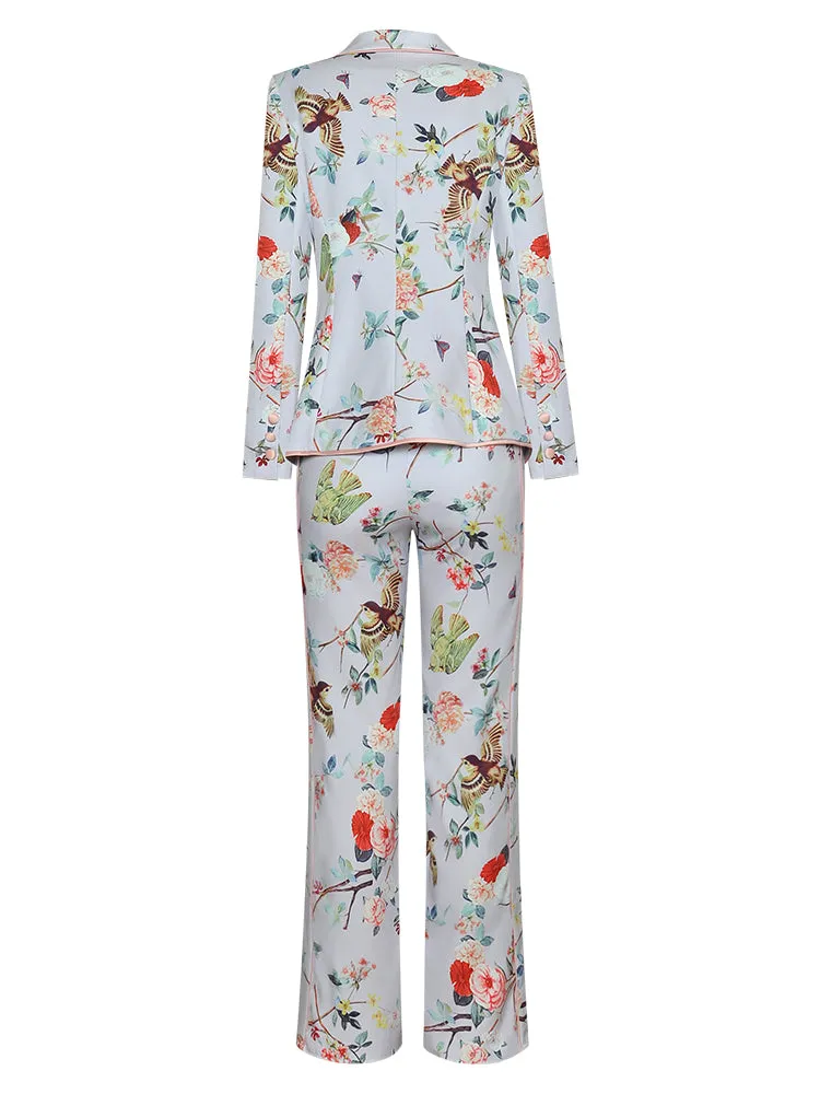 Nadia Blue Notched Long Sleeve Jacket   Pant Set