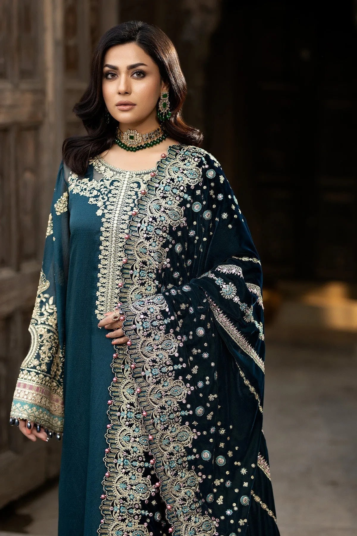 Navy Blue Embroidered Pakistani Wedding Dress Kameez Trousers Shawl