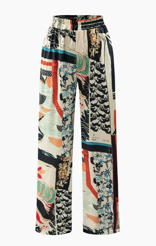 NEW MIcas Floral Print High Waisted Straight Leg Pants, Multicolour! Silk Look & Feel! Great for summer!  Sz M