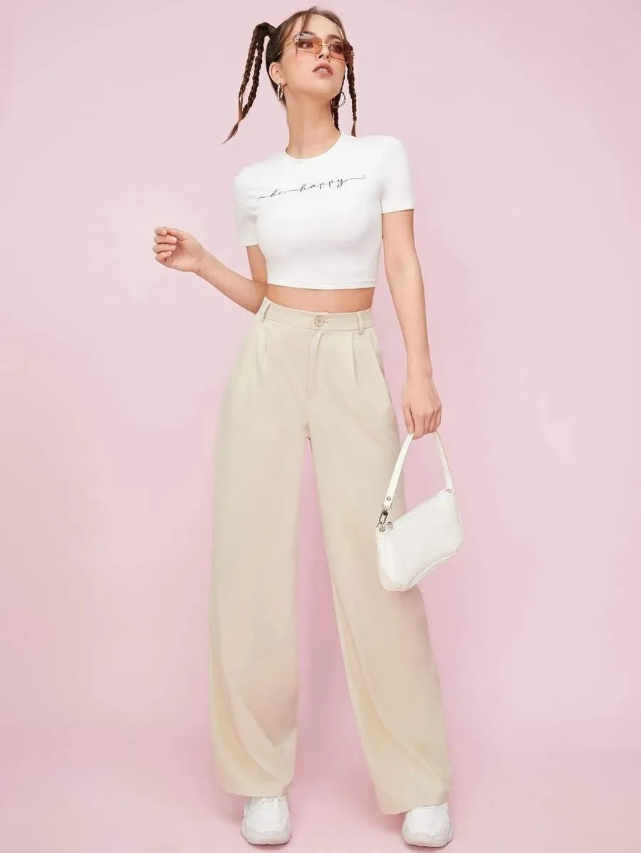 New SHEIN EZwear Solid Zip Up Straight Leg Pants in Cream, Sz XL