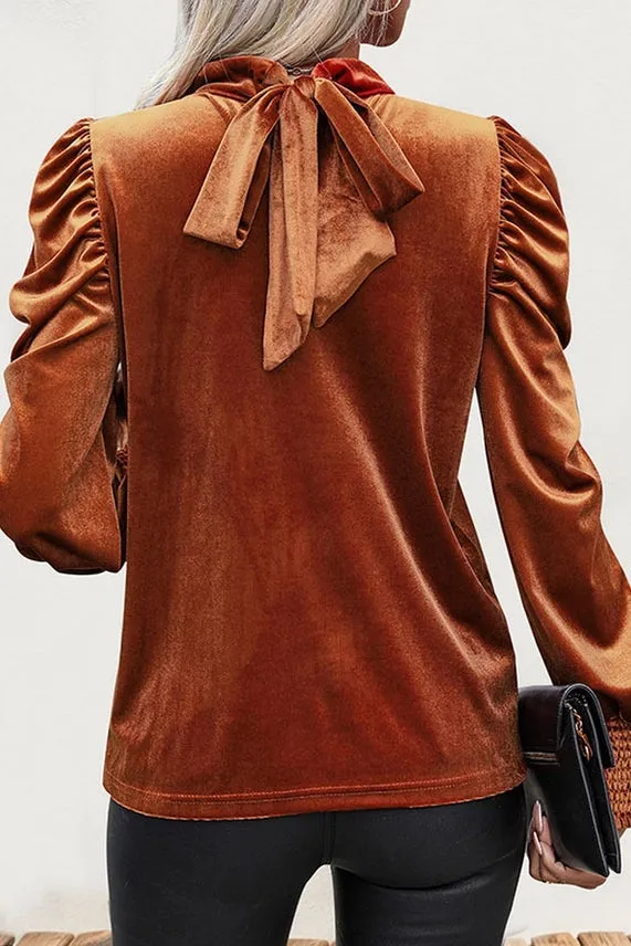 Nicole Tie Neck Long Sleeve Velvet Shirt