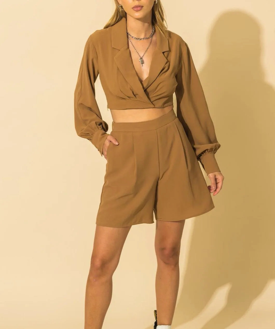 Notch Collar Faux Wrap Crop Blazer