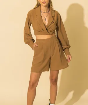 Notch Collar Faux Wrap Crop Blazer