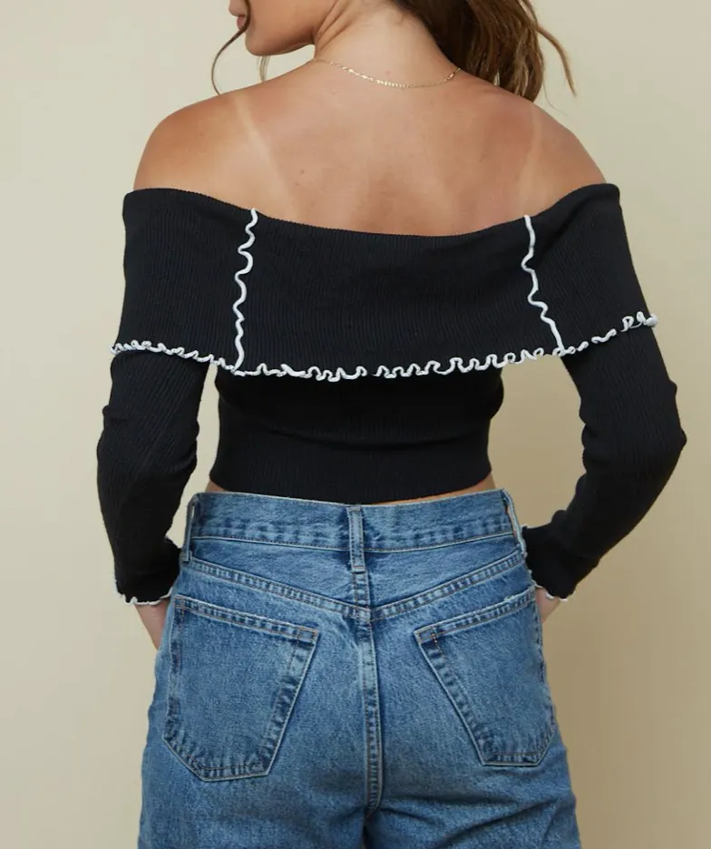 Off The Shoulder Contrast Stitch Knit Crop Top