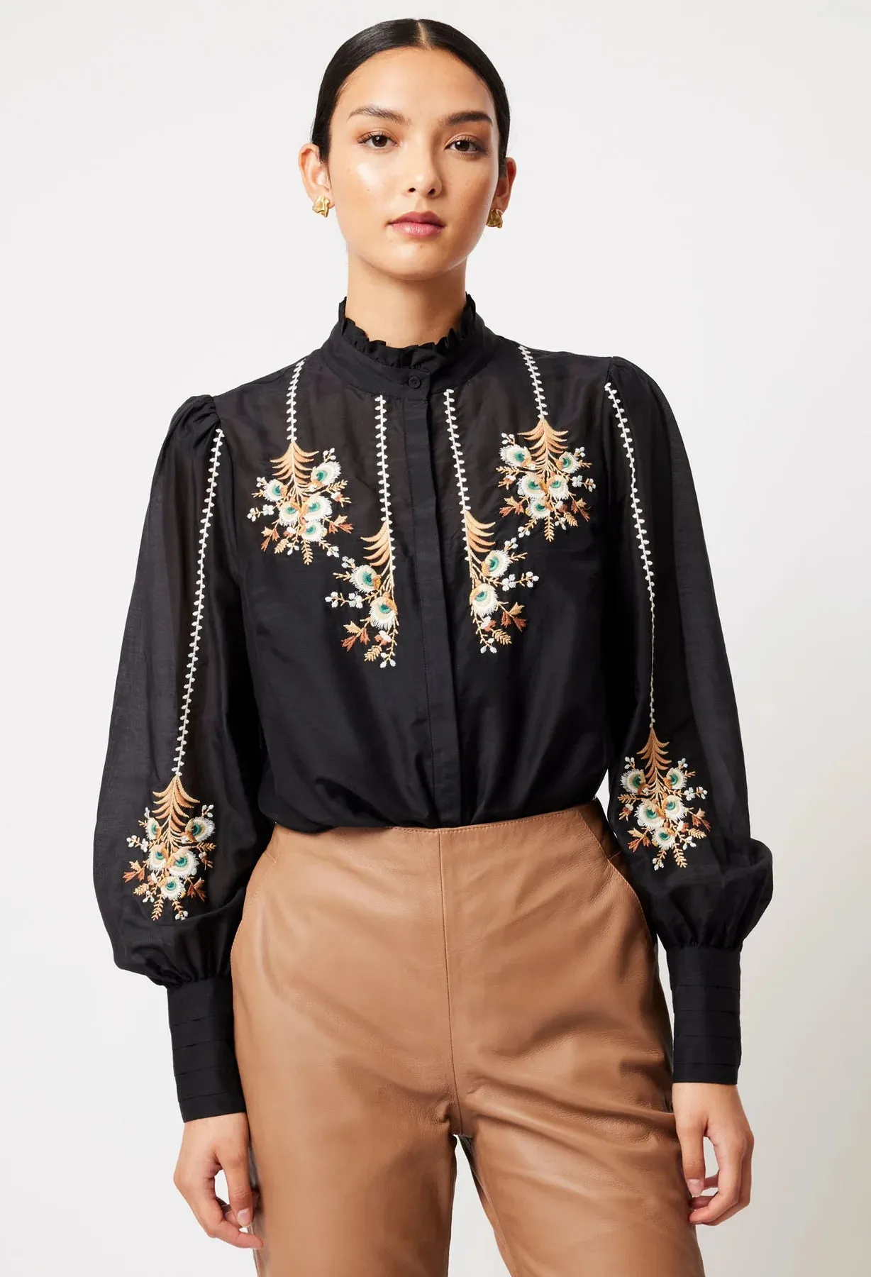 Once Was - Florence Cotton Silk Embroidered Shirt - Black