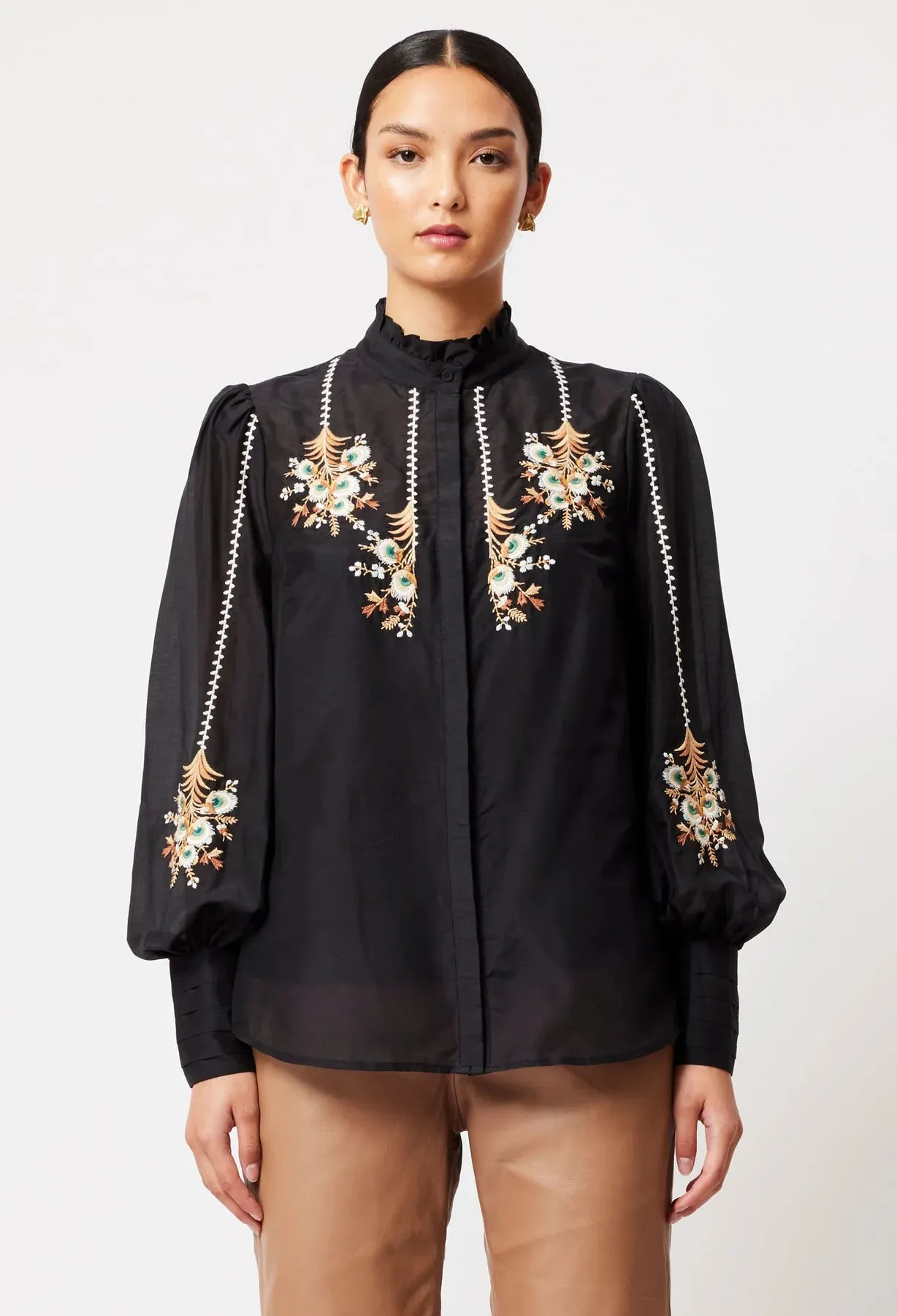 Once Was - Florence Cotton Silk Embroidered Shirt - Black