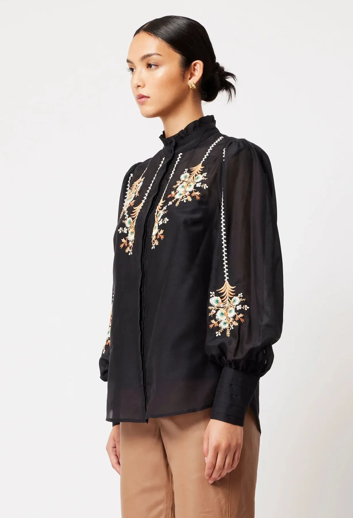 Once Was - Florence Cotton Silk Embroidered Shirt - Black