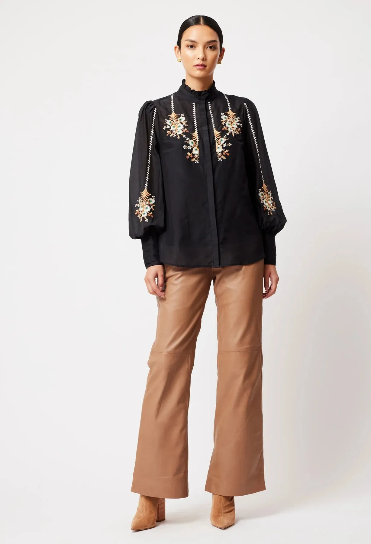 Once Was - Florence Cotton Silk Embroidered Shirt - Black