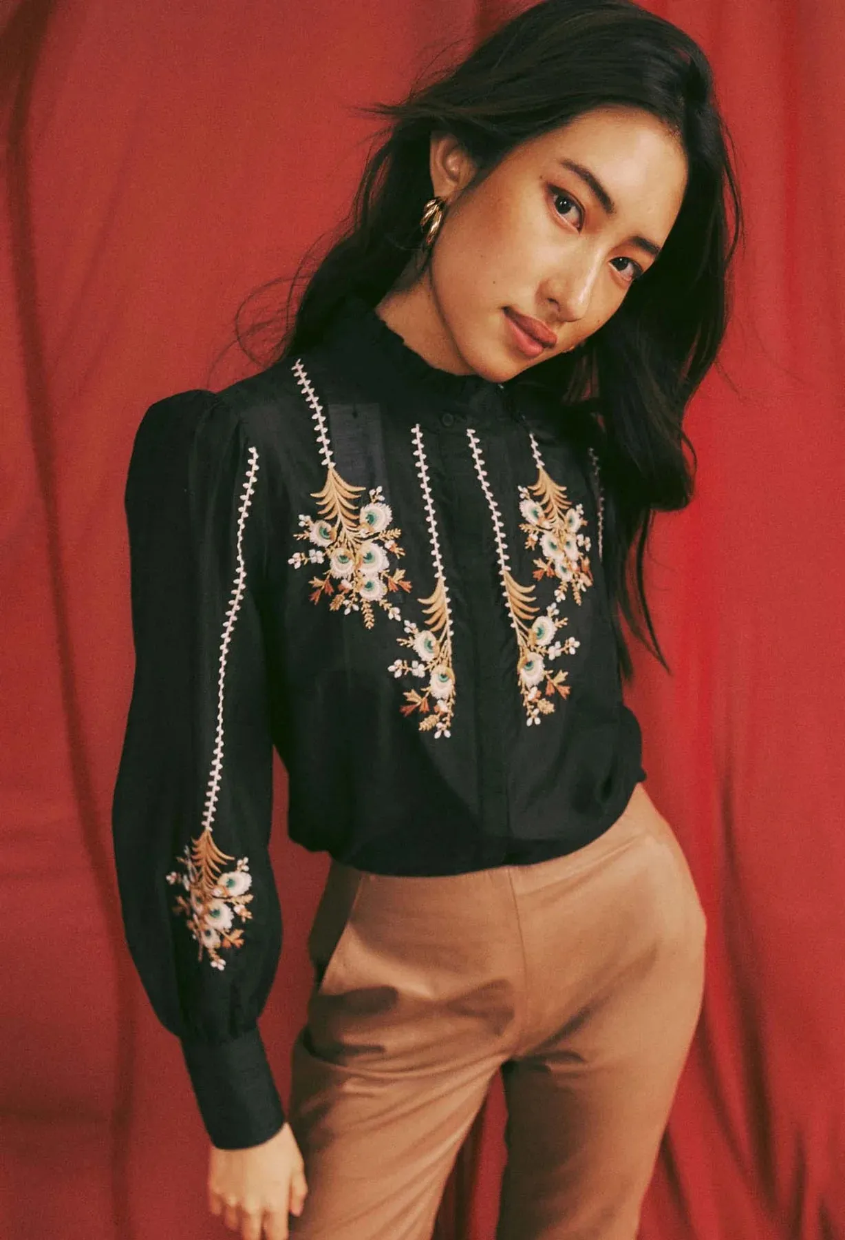 Once Was - Florence Cotton Silk Embroidered Shirt - Black