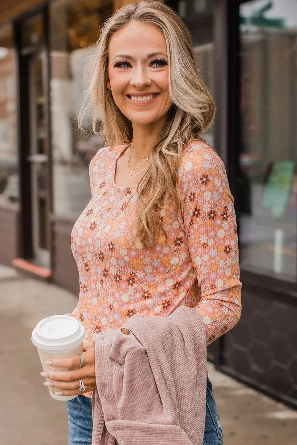 Orange Floral Knit Long Sleeve Top