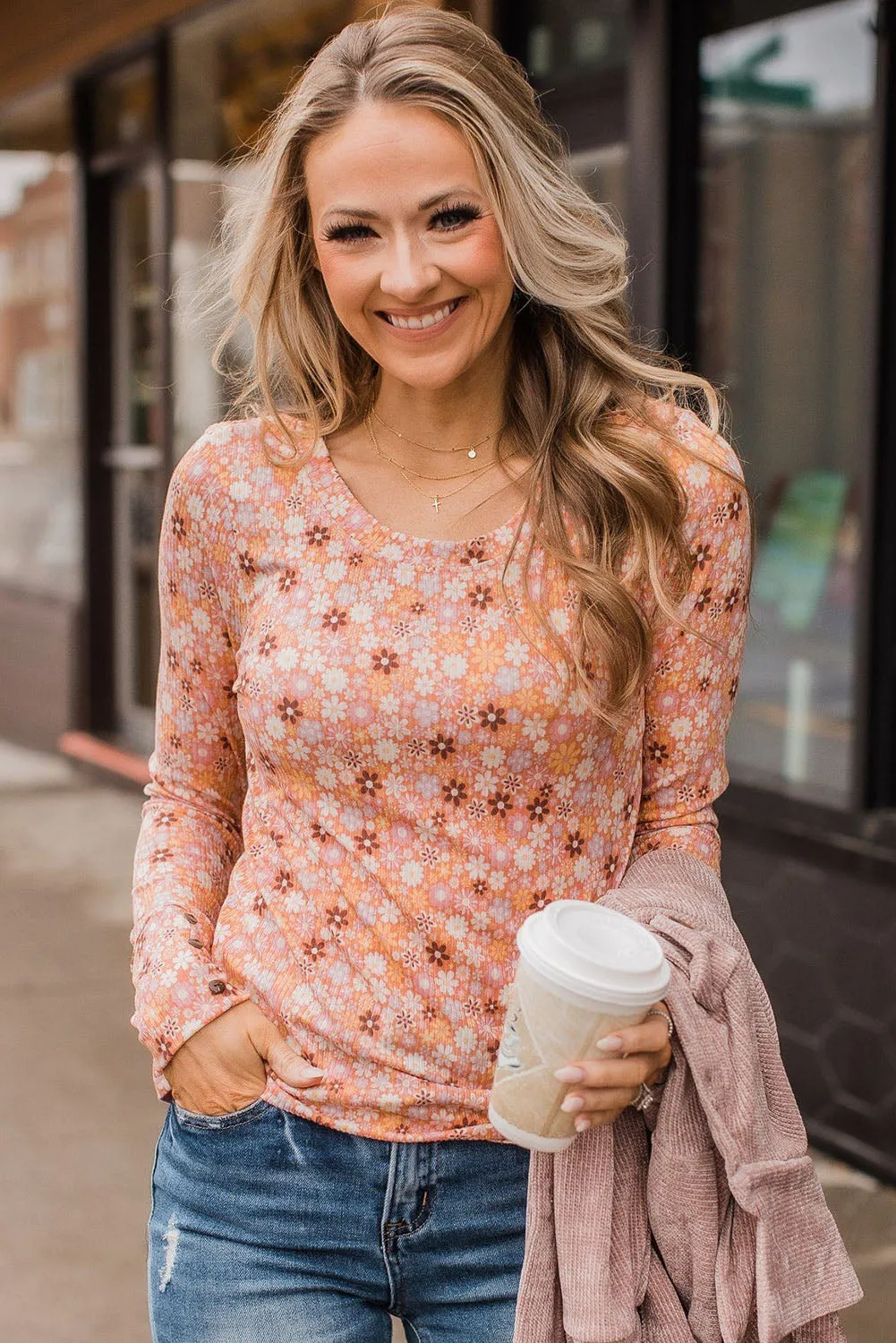 Orange Floral Knit Long Sleeve Top