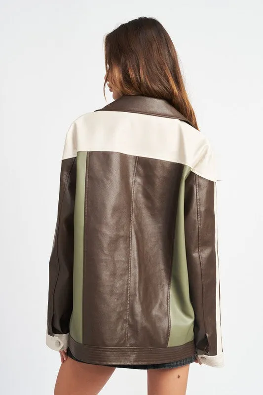 Oversized Color Block Biker Jacket