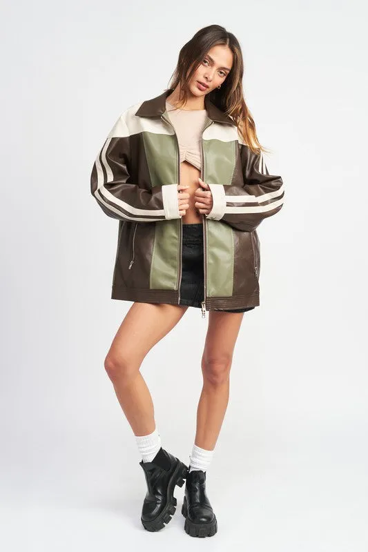 Oversized Color Block Biker Jacket